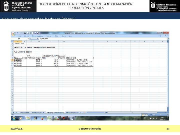 TECNOLOGÍAS DE LA INFORMACIÓN PARA LA MODERNIZACIÓN PRODUCCIÓN VINICOLA Proyecto demostrador bodegas (piloto) 10/19/2021