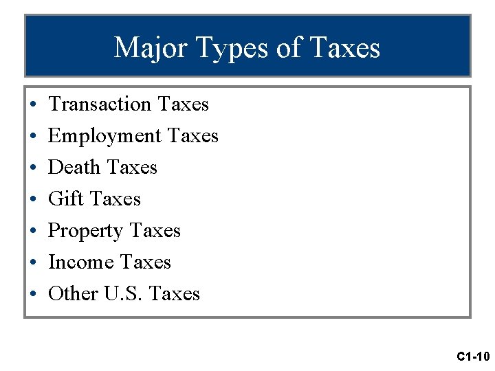 Major Types of Taxes • • Transaction Taxes Employment Taxes Death Taxes Gift Taxes