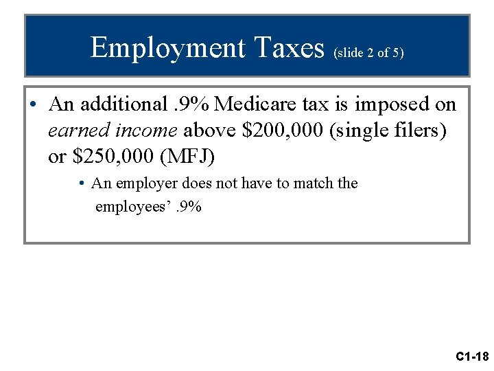 Employment Taxes (slide 2 of 5) • An additional. 9% Medicare tax is imposed
