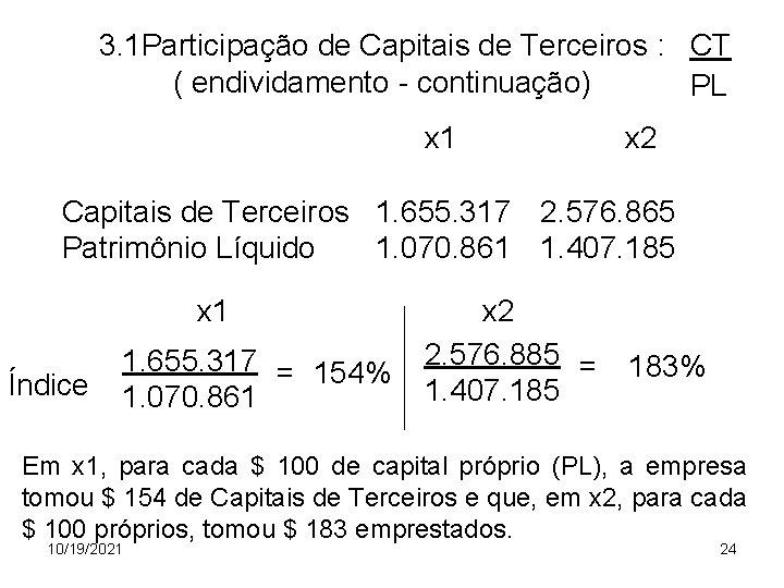 3. 1 Participação de Capitais de Terceiros : CT ( endividamento - continuação) PL