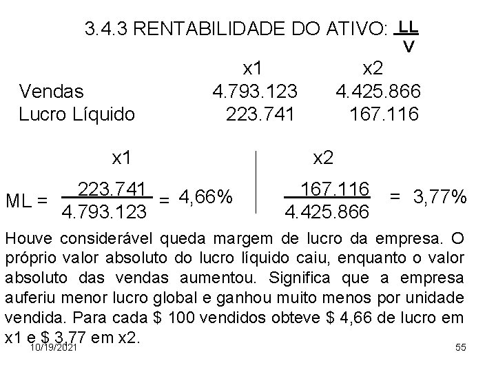 3. 4. 3 RENTABILIDADE DO ATIVO: LL V Vendas Lucro Líquido x 1 4.