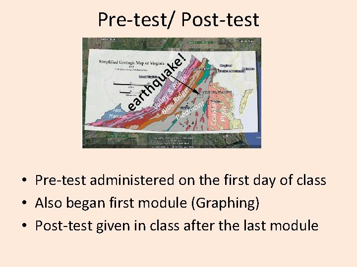 Pre-test/ Post-test • Pre-test administered on the first day of class • Also began