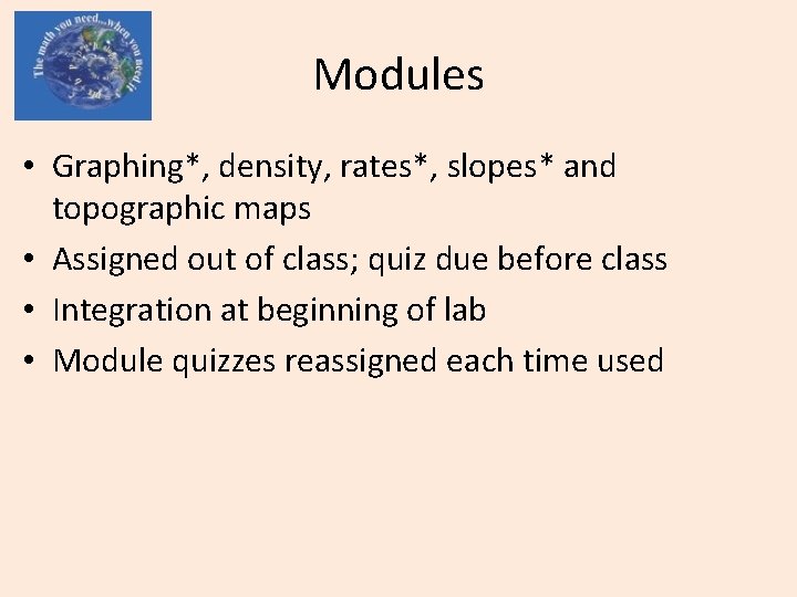 Modules • Graphing*, density, rates*, slopes* and topographic maps • Assigned out of class;