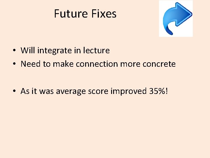 Future Fixes • Will integrate in lecture • Need to make connection more concrete