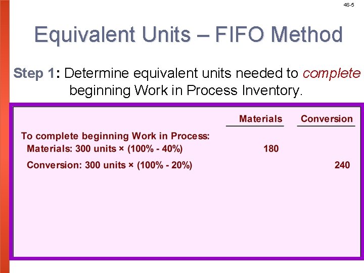 4 S-5 Equivalent Units – FIFO Method Step 1: Determine equivalent units needed to