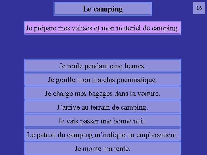 Le camping Je prépare mes valises et mon matériel de camping. 16 camping Je