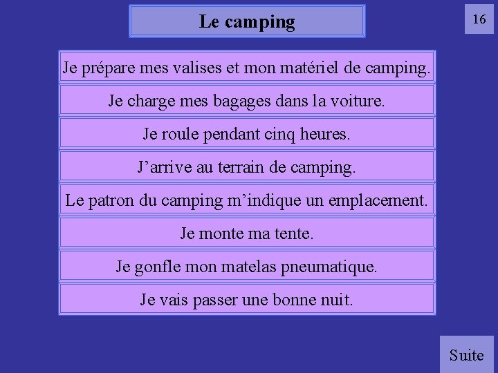 Le camping 16 Je prépare mes valises et mon matériel de camping. Je charge