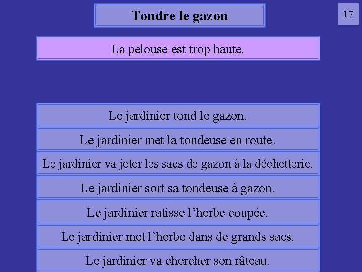 Tondre le gazon La pelouse est trop haute. 17 gazon Le jardinier tond le