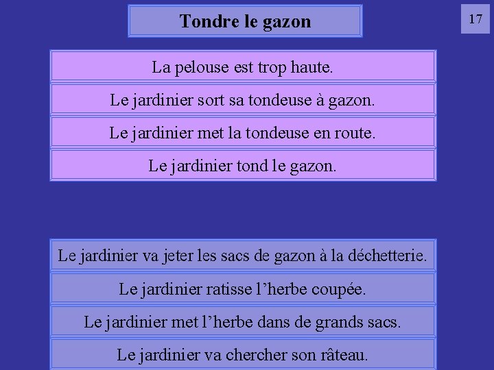 Tondre le gazon La pelouse est trop haute. Le jardinier sort sa tondeuse à