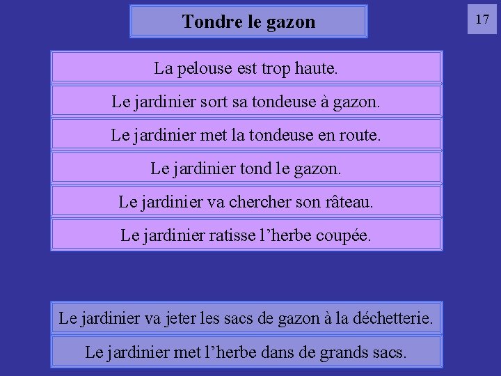 Tondre le gazon La pelouse est trop haute. Le jardinier sort sa tondeuse à