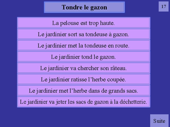 Tondre le gazon 17 La pelouse est trop haute. Le jardinier sort sa tondeuse