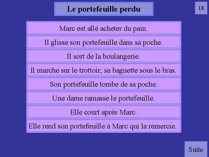 Le portefeuille perdu 18 Marc est allé acheter du pain. Il glisse son portefeuille