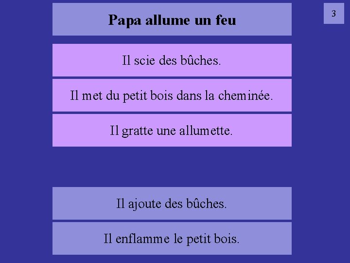 Papa allume un feu Il scie des bûches. Il met du petit bois dans