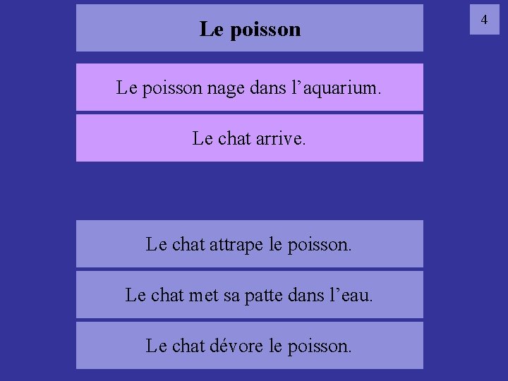 Le poisson nage dans l’aquarium. Le chat arrive. 04 poisson Le chat attrape le