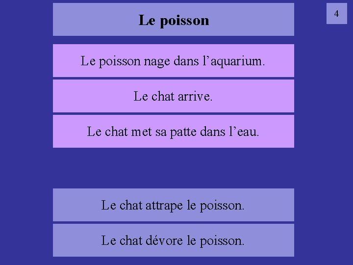 Le poisson nage dans l’aquarium. Le chat arrive. 04 poisson Le chat met sa