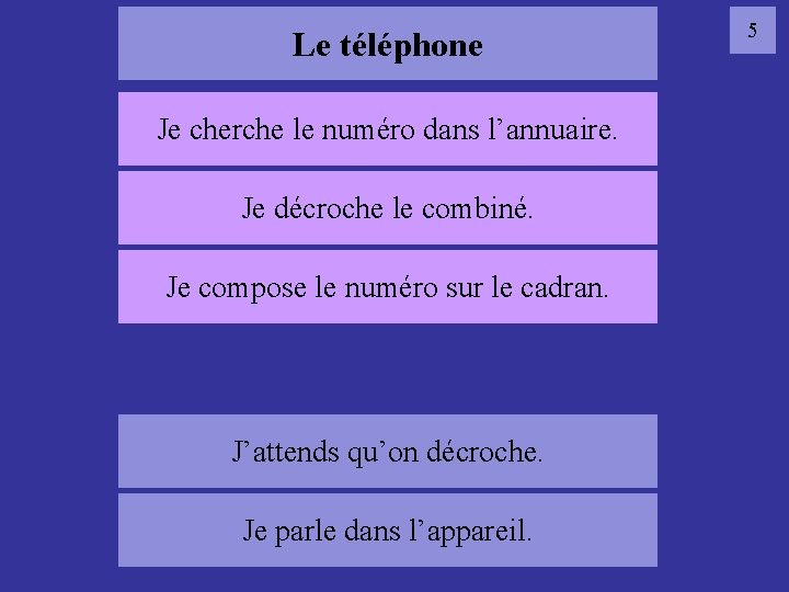 Le téléphone Je cherche le numéro dans l’annuaire. Je décroche le combiné. 05 tél