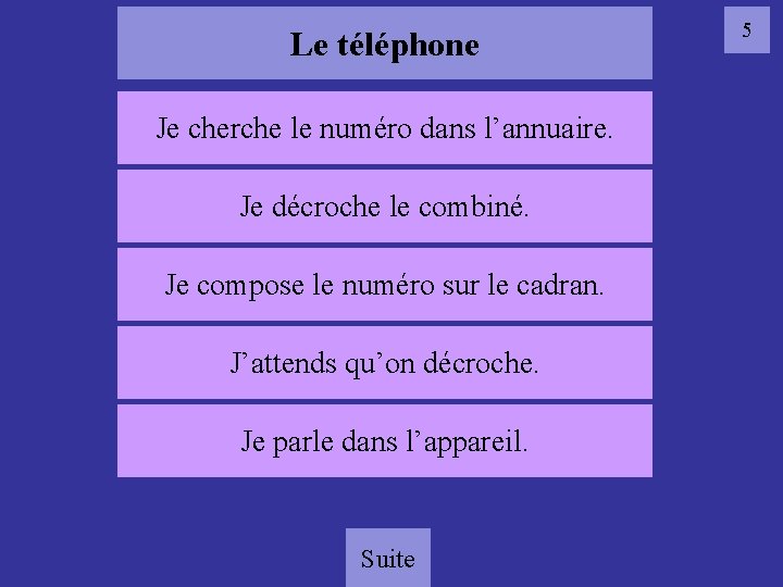 Le téléphone Je cherche le numéro dans l’annuaire. Je décroche le combiné. 05 tél