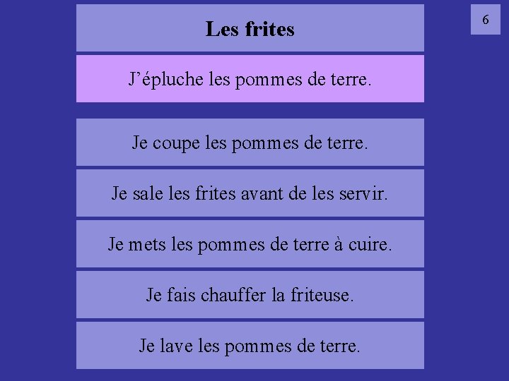 Les frites J’épluche les pommes de terre. Je coupe les pommes de terre. 06