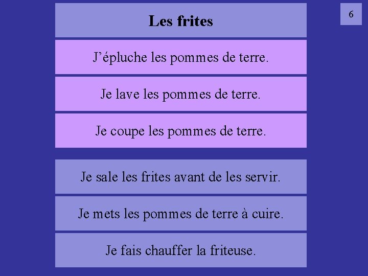 Les frites J’épluche les pommes de terre. Je lave les pommes de terre. 06