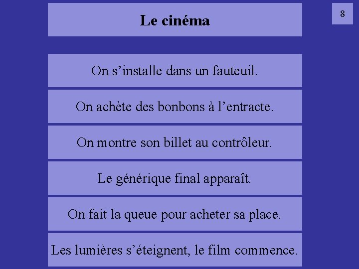 Le cinéma On s’installe dans un fauteuil. On achète des à l’entracte. 08 bonbons