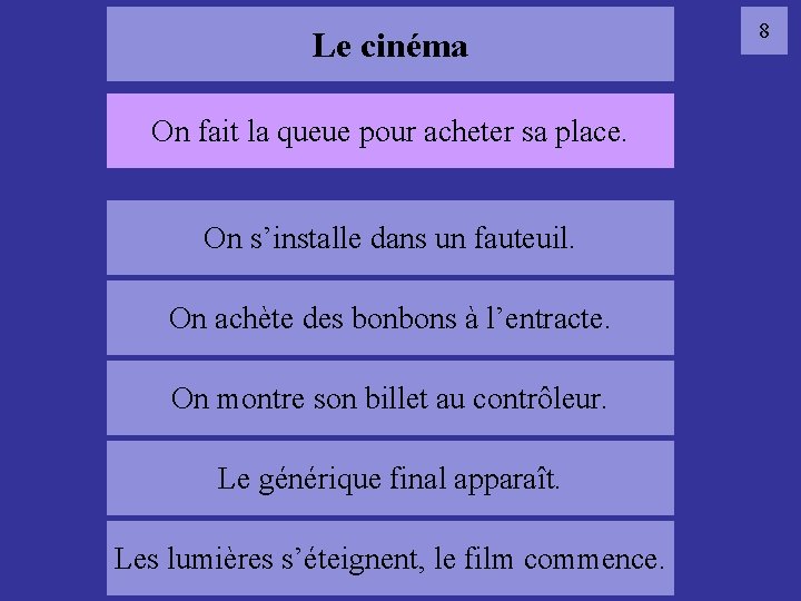 Le cinéma On fait la queue pour acheter sa place. On s’installe dans un