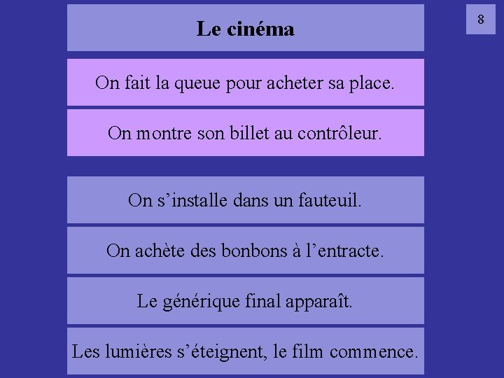 Le cinéma On fait la queue pour acheter sa place. On montre son billet