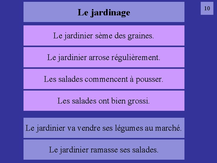 Le jardinage Le jardinier sème des graines. Le jardinier arrose régulièrement. 10 jardin Les