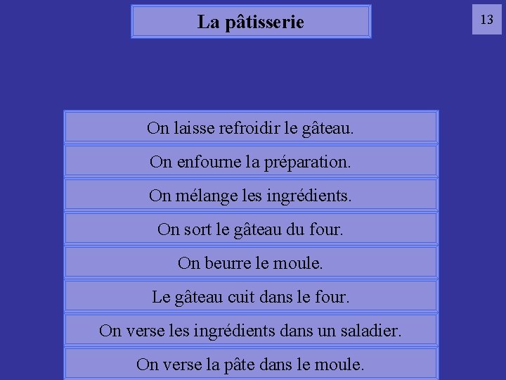 La pâtisserie On laisse refroidir le gâteau. 13 pâtisserie On enfourne la préparation. On