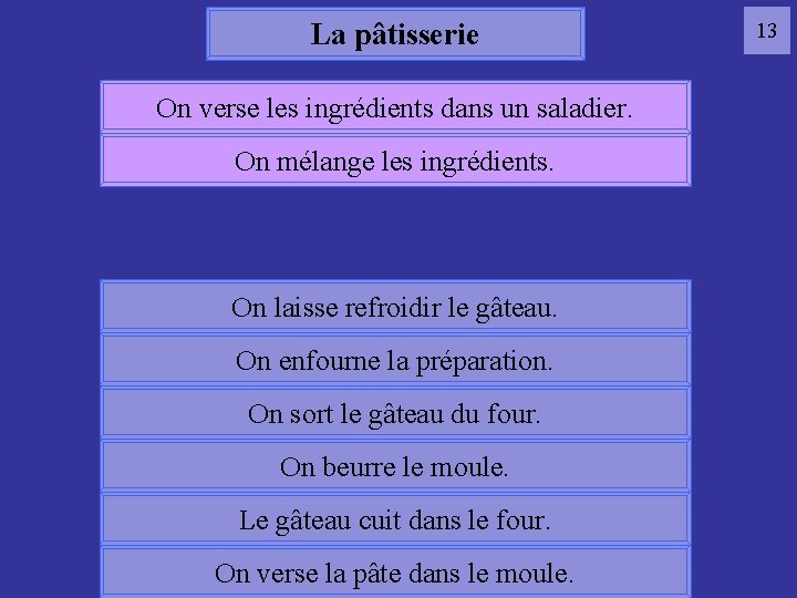 La pâtisserie On verse les ingrédients dans un saladier. On mélange les ingrédients. 13