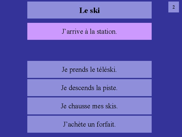 Le ski J’arrive à la station. 02 ski Je prends le téléski. Je descends