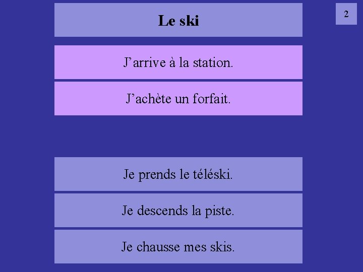 Le ski J’arrive à la station. J’achète un forfait. 02 ski Je prends le