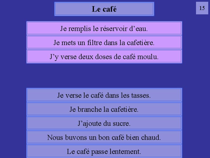 Le café Je remplis le réservoir d’eau. Je mets un filtre dans la cafetière.