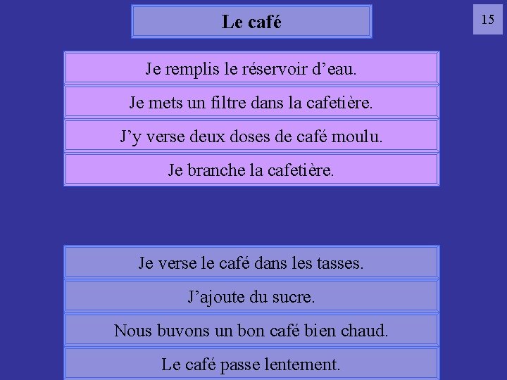 Le café Je remplis le réservoir d’eau. Je mets un filtre dans la cafetière.