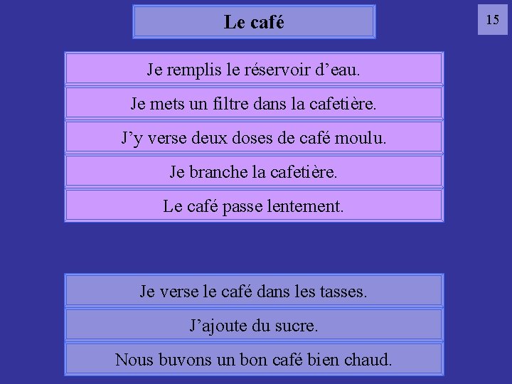 Le café Je remplis le réservoir d’eau. Je mets un filtre dans la cafetière.