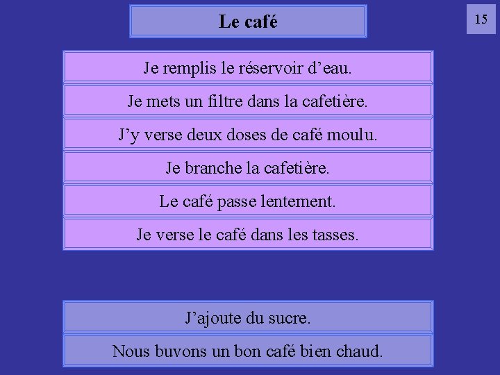 Le café Je remplis le réservoir d’eau. Je mets un filtre dans la cafetière.