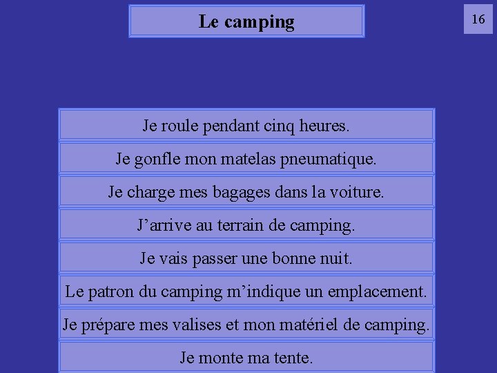 Le camping Je roule pendant cinq heures. 16 camping Je gonfle mon matelas pneumatique.