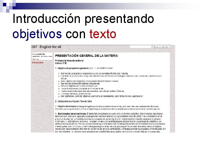 Introducción presentando objetivos con texto 