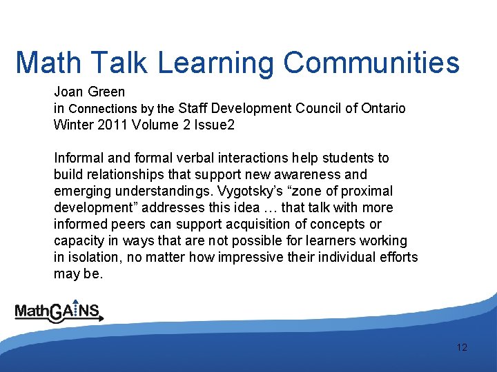 Math Talk Learning Communities Joan Green in Connections by the Staff Development Council of