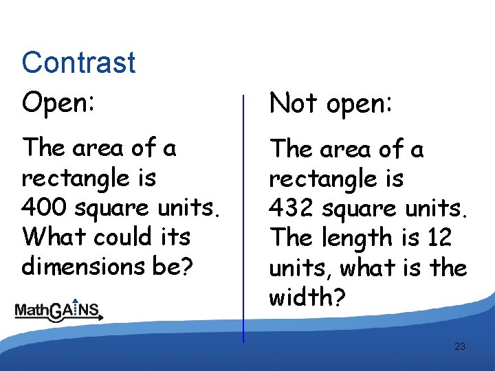 Contrast Open: Not open: The area of a rectangle is 400 square units. What