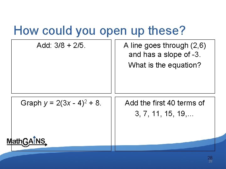 How could you open up these? Add: 3/8 + 2/5. A line goes through