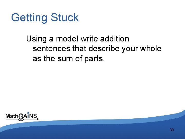 Getting Stuck Using a model write addition sentences that describe your whole as the