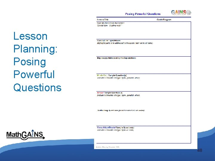 Lesson Planning: Posing Powerful Questions 48 