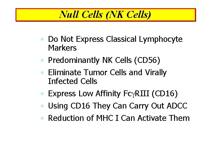 Null Cells (NK Cells) • Do Not Express Classical Lymphocyte Markers • Predominantly NK