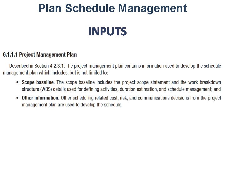 Plan Schedule Management INPUTS 