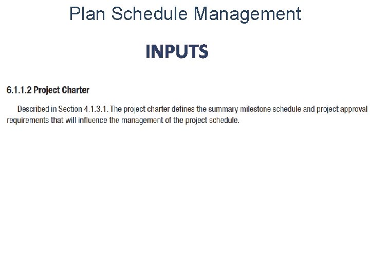 Plan Schedule Management INPUTS 