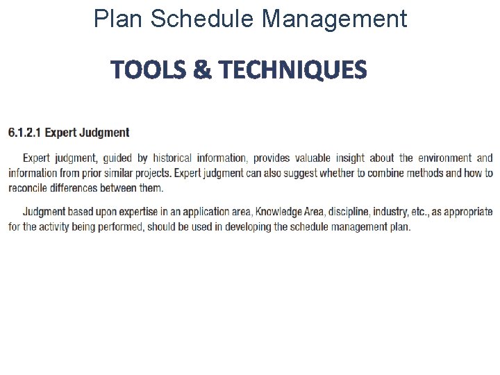 Plan Schedule Management TOOLS & TECHNIQUES 