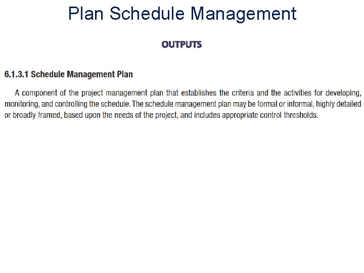 Plan Schedule Management OUTPUTS 