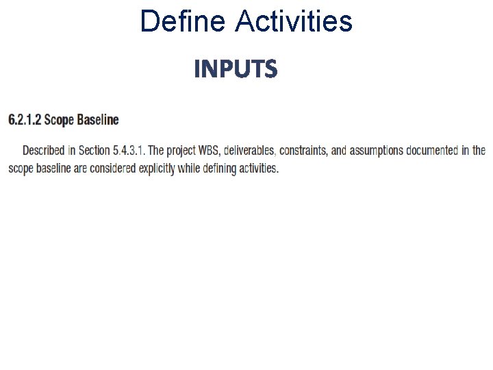 Define Activities INPUTS 