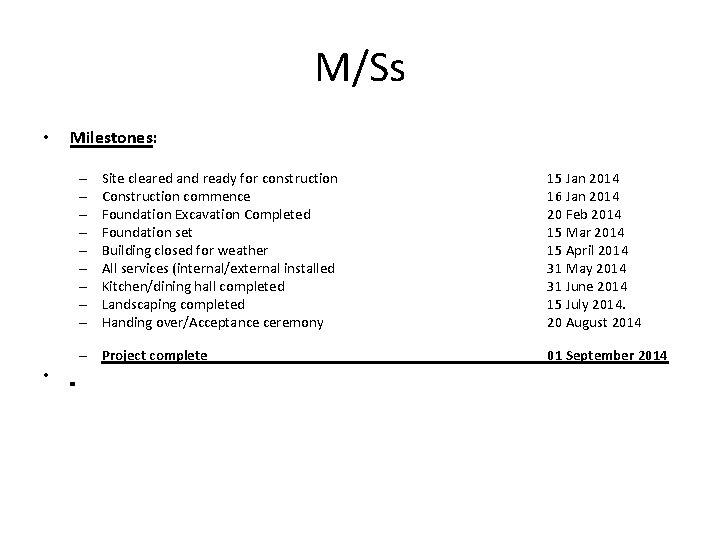 M/Ss • Milestones: – – – – – Site cleared and ready for construction