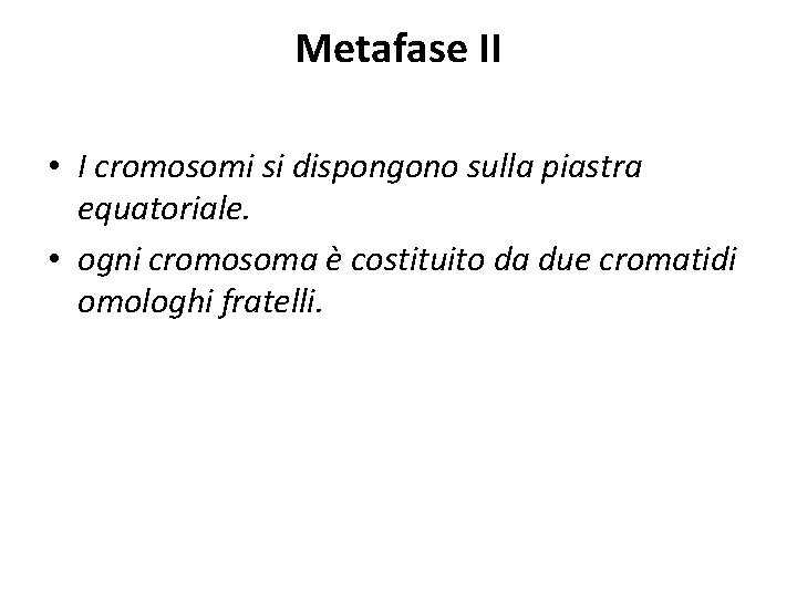 Metafase II • I cromosomi si dispongono sulla piastra equatoriale. • ogni cromosoma è